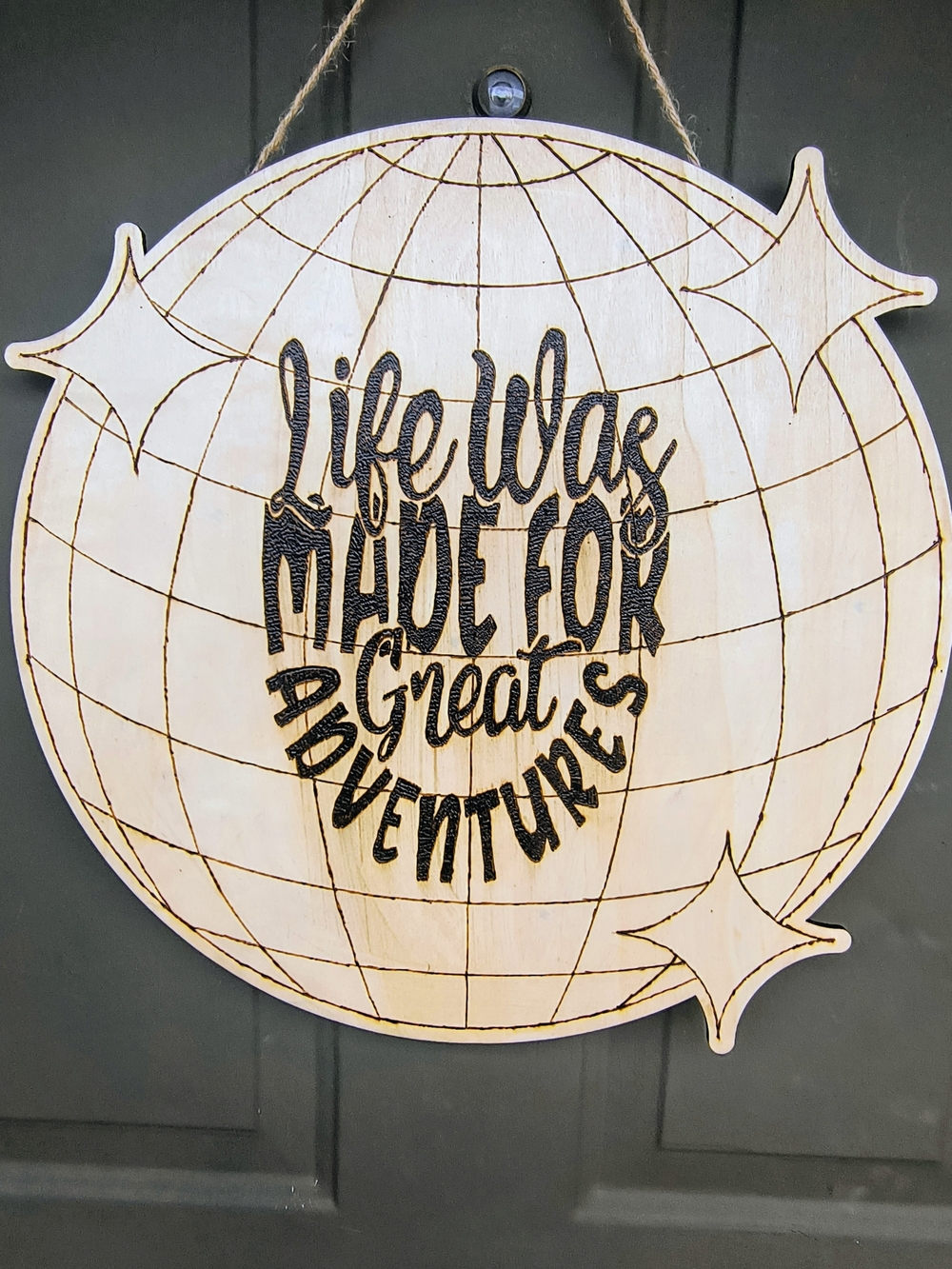 Hand Crafted Natural Wood Globe Sign with Black Lettering